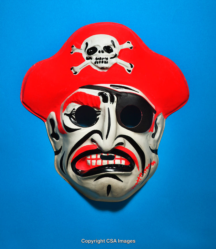 Vivid Red Pirate Mask Featuring Skull Design on Blue Background