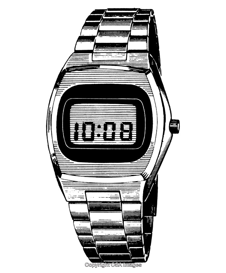 Detailed Engraving of Digital Wristwatch with Sleek Metallic Design