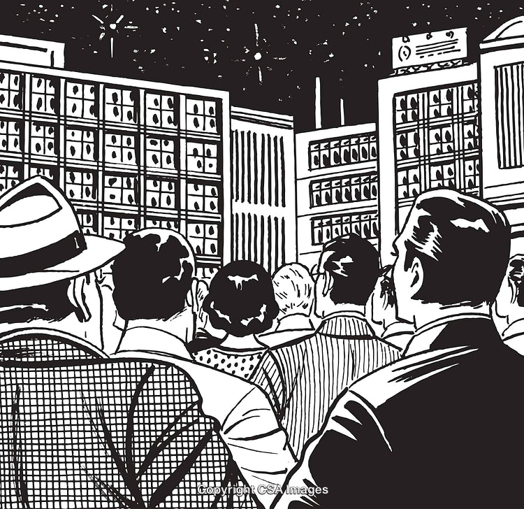 Retro Illustration of People Watching a Night Event Among City Skyscrapers