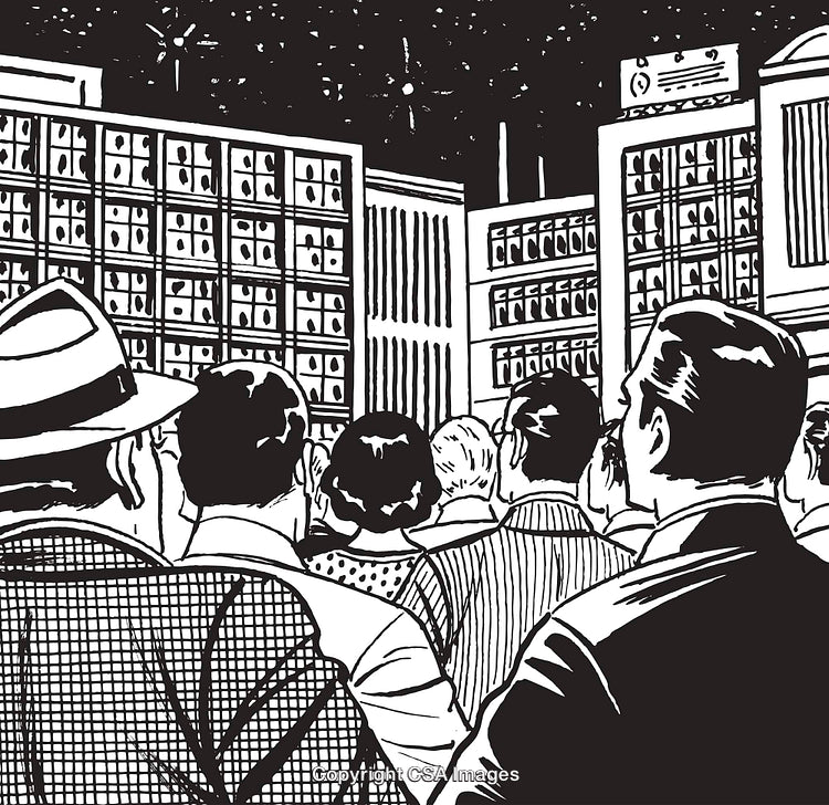 Retro Illustration of People Watching a Night Event Among City Skyscrapers
