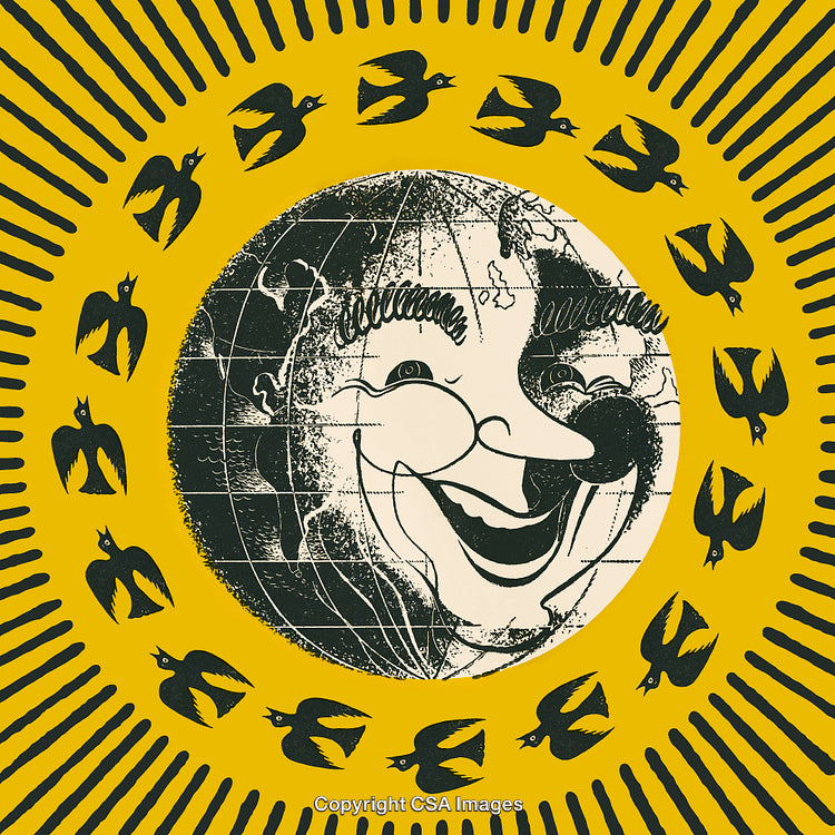 Illustration of a Smiling Globe with Radiating Birds and Vintage Style