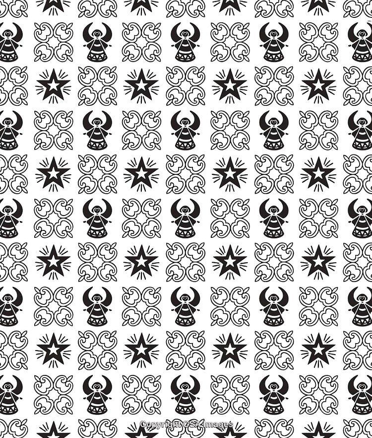 Black and White Patterns Featuring Angels, Stars, and Decorative Elements