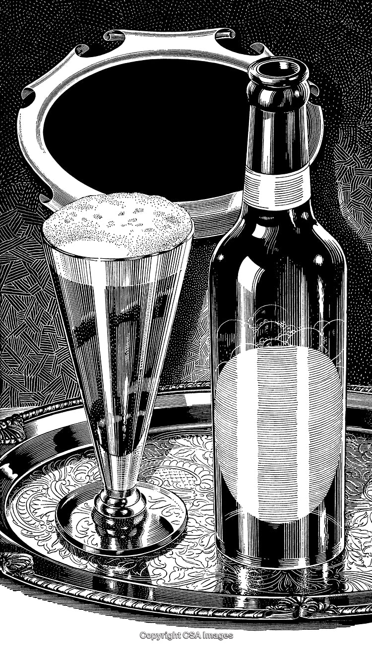 Black and White Engraving of Bottled Drink and Glass on Ornate Tray