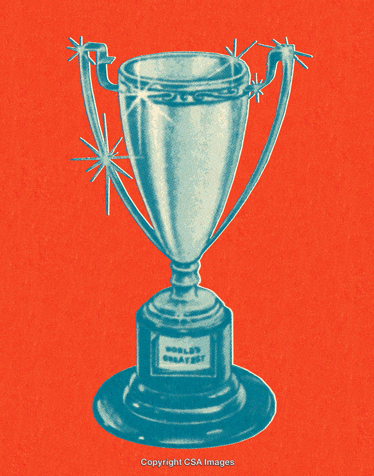 Blue Trophy Illustration on a Bright Orange Background with Retro Aesthetic