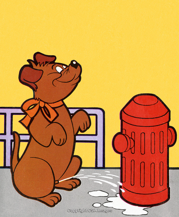 Animated Cartoon Style Dog Sitting Happily by a Fire Hydrant