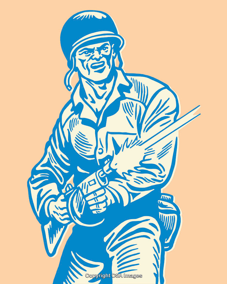 Vintage Styled Graphic of a Soldier Holding a Rifle in Action Pose