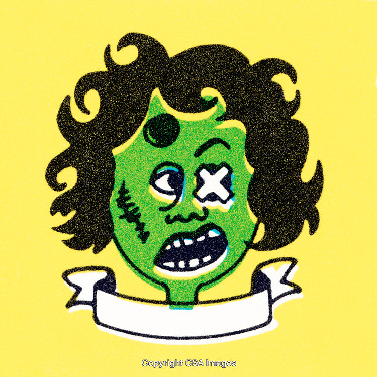 Cartoon Zombie Face Illustration with Blank Banner on Colorful Background