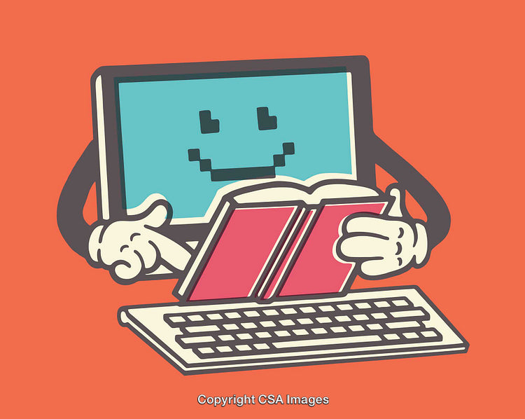 Smiling Computer Character Reading a Book on an Orange Background