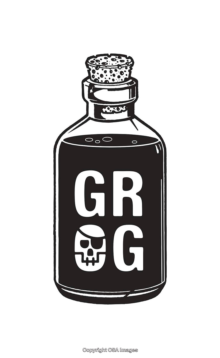 Black And White Line Art Illustration of a Grog Bottle with Skull
