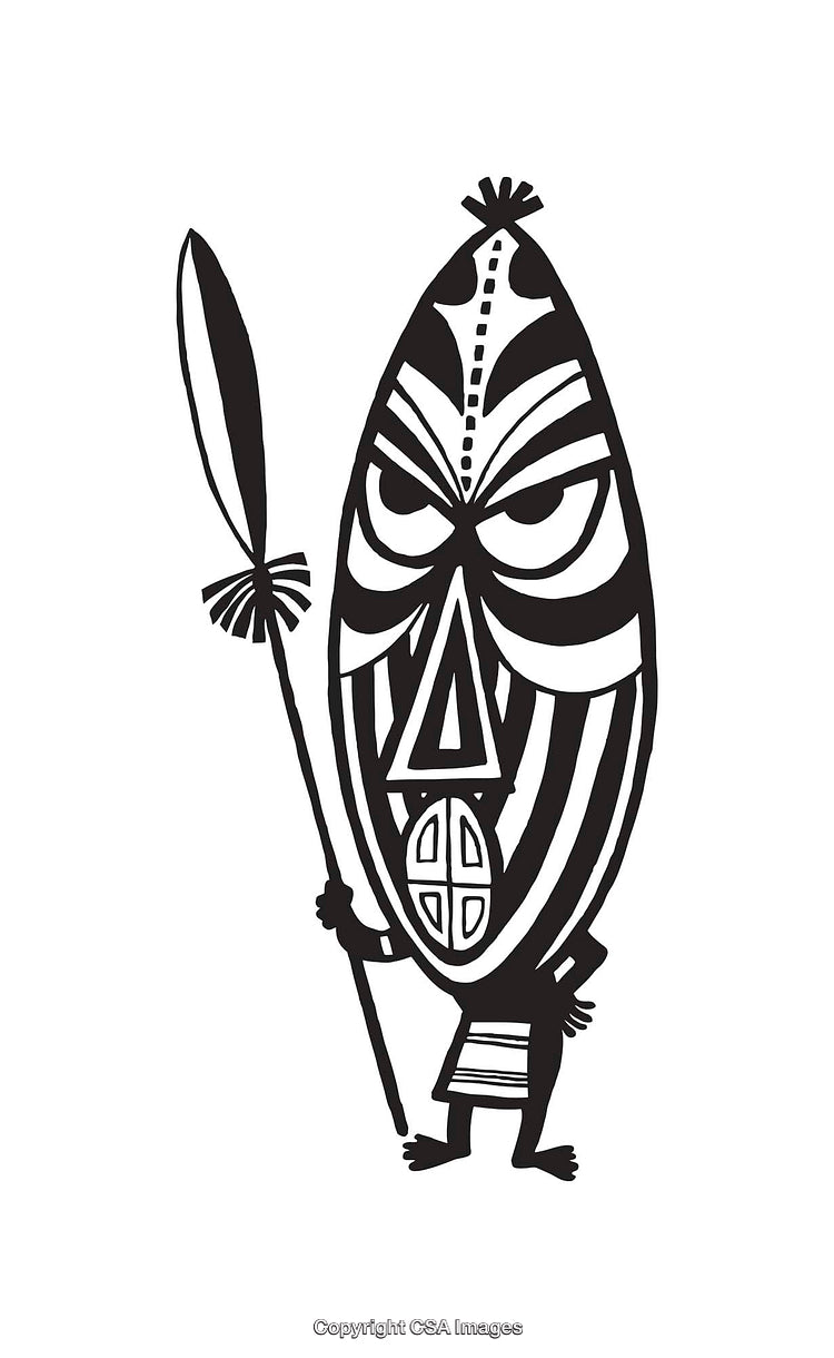 Tribal Line Art Illustration of a Warrior Holding a Spear in Black and White