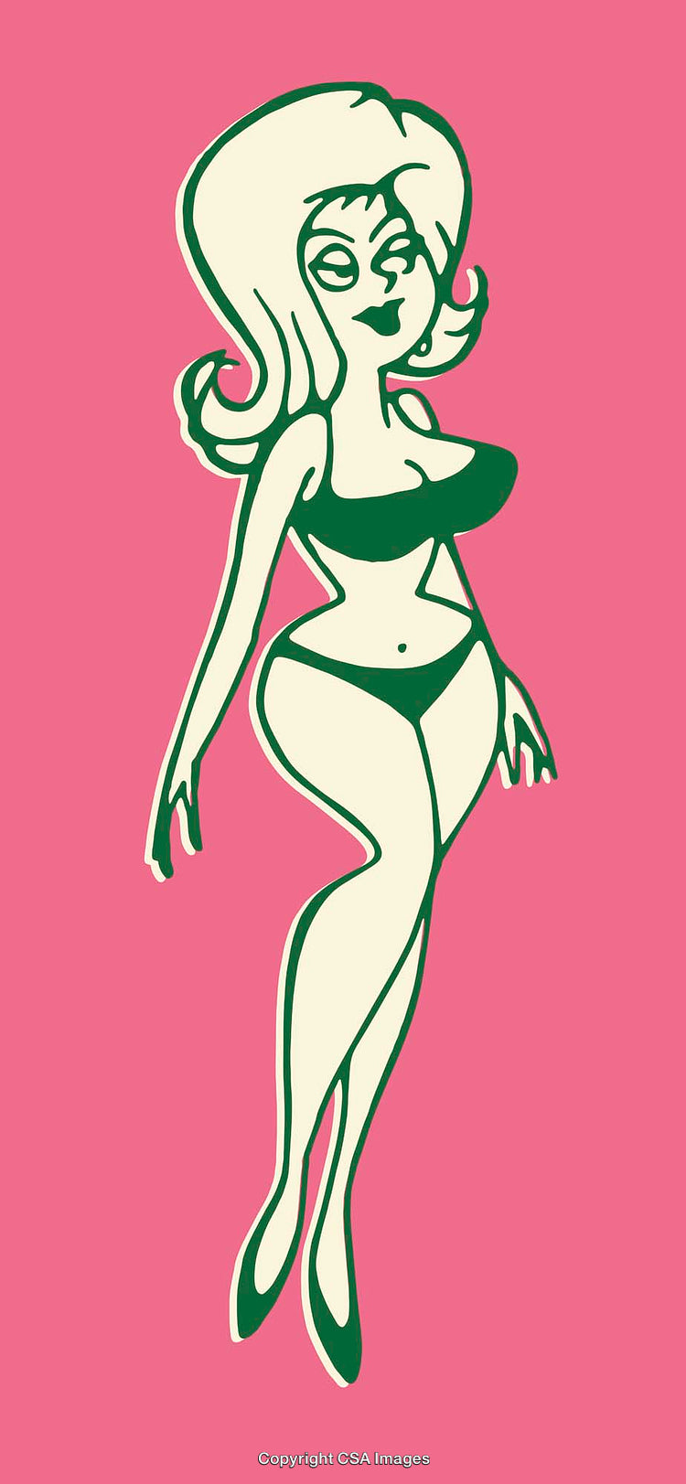 Retro Style Green And Pink Line Art Illustration of a Stylish Woman