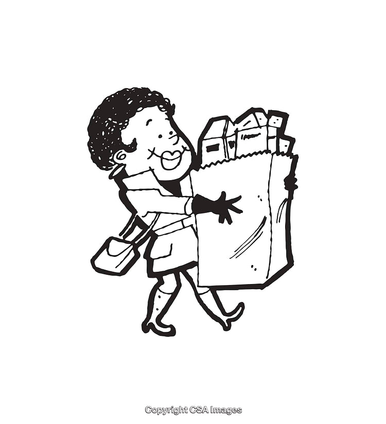 Cartoon Woman Carrying Groceries in a Paper Bag Black and White Line Art