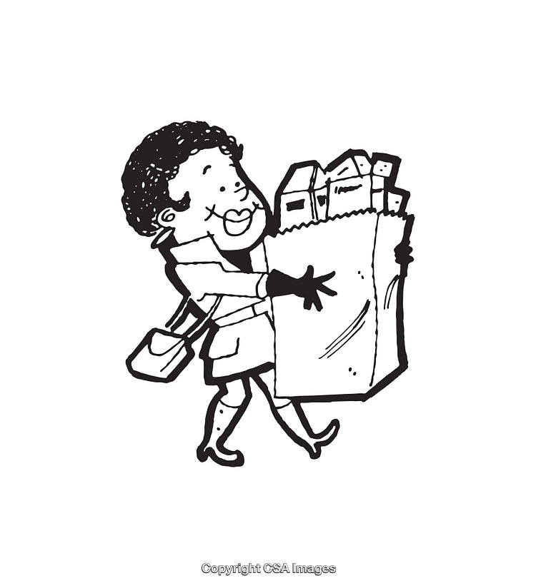 Cartoon Woman Carrying Groceries in a Paper Bag Black and White Line Art