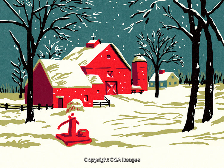 Charming Snowy Barn Scene with Red Farmhouses Under Falling Snow
