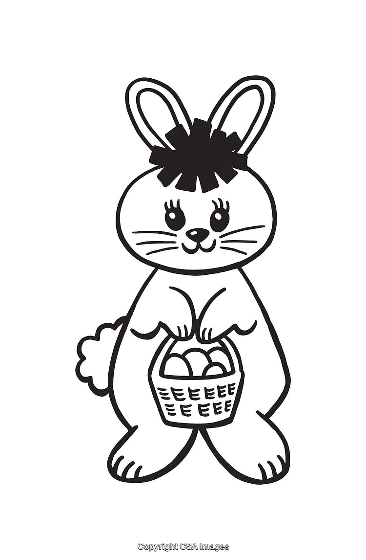 Black and White Line Drawing of a Bunny with Basket of Eggs