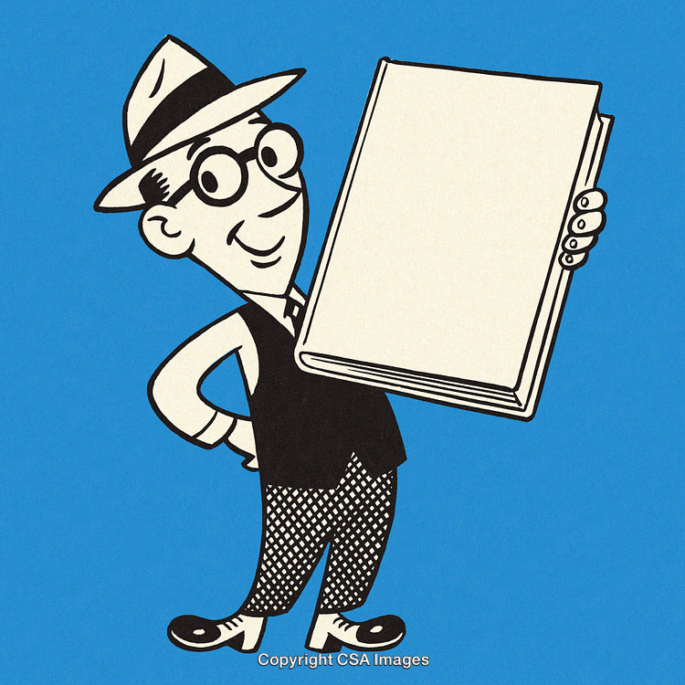 Retro Cartoon Character Holding a Blank Book on a Blue Background