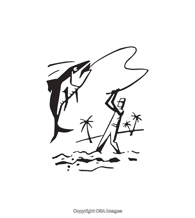 Black and White Line Art of Tropical Fisherman Catching a Marlin