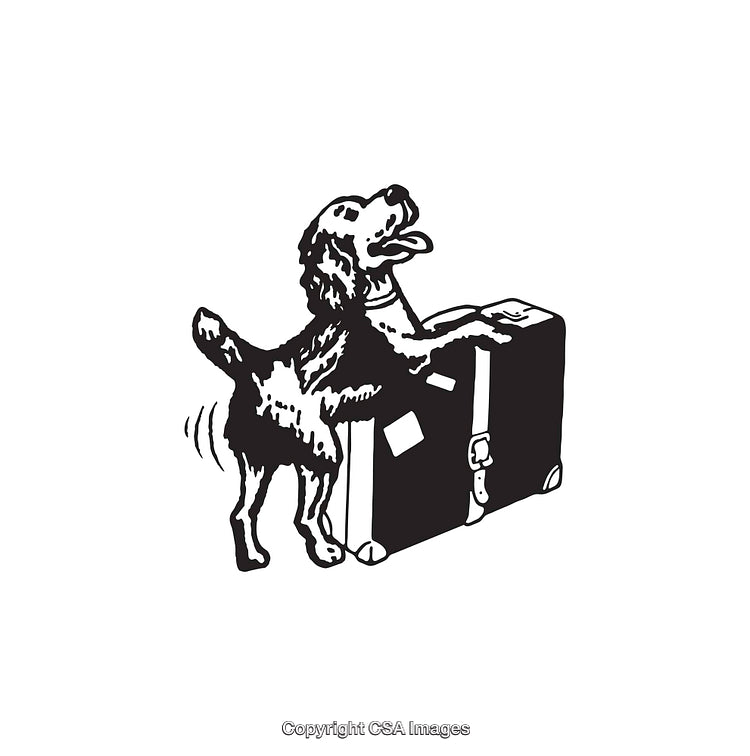 Excited Dog Leaning on Suitcase in Black and White Line Art