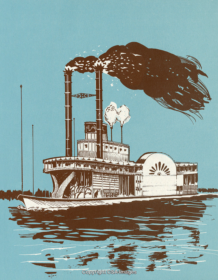 Vintage Illustrative Art of a River Steamboat Journey on Serene Waters