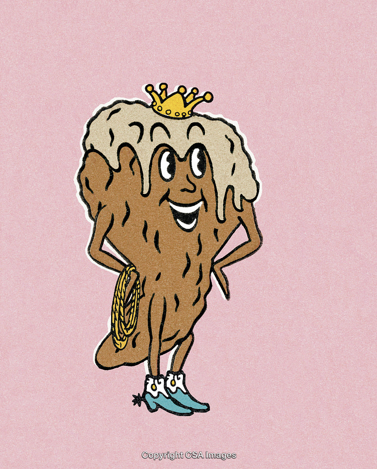 Cartoon Illustration of a Whimsical Crown-Wearing Raisin Character on Pink Background