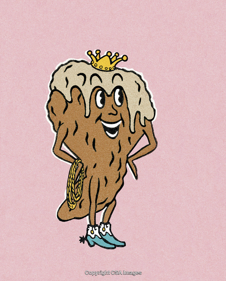Cartoon Illustration of a Whimsical Crown-Wearing Raisin Character on Pink Background