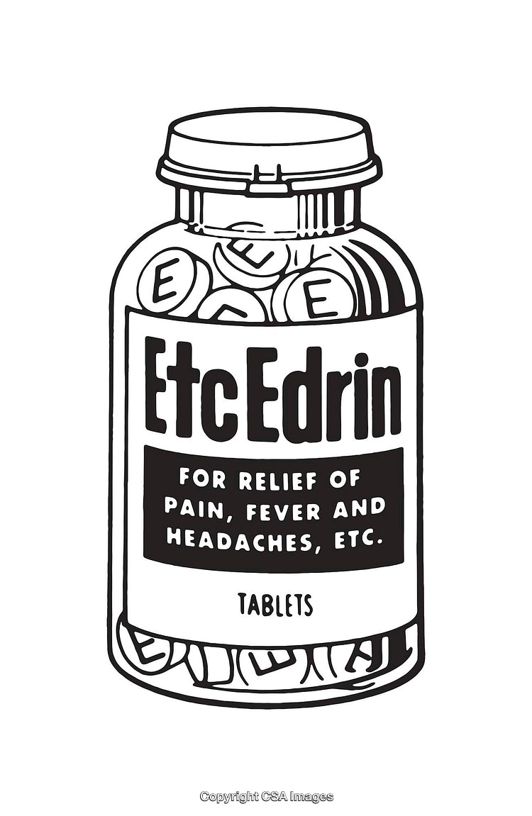 Black and White Line Art of Medicine Bottle with Text