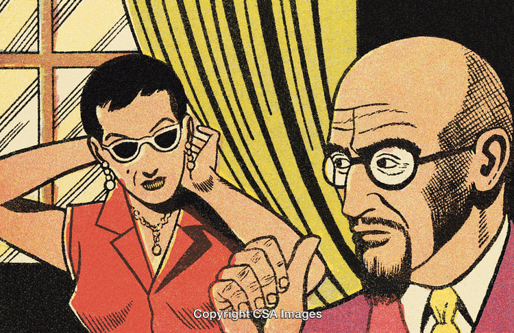 Retro Comic Style Illustration of a Man and Woman Conversing Indoors