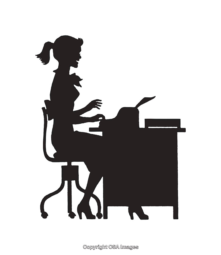 Silhouette of a Woman Typing on a Typewriter at a Desk
