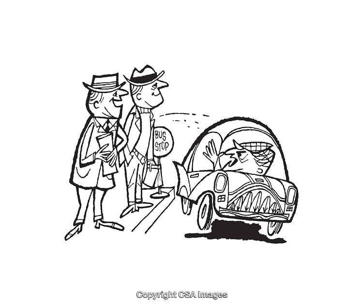 Illustrated Scene of Two Men at a Bus Stop Observing a Passing Car