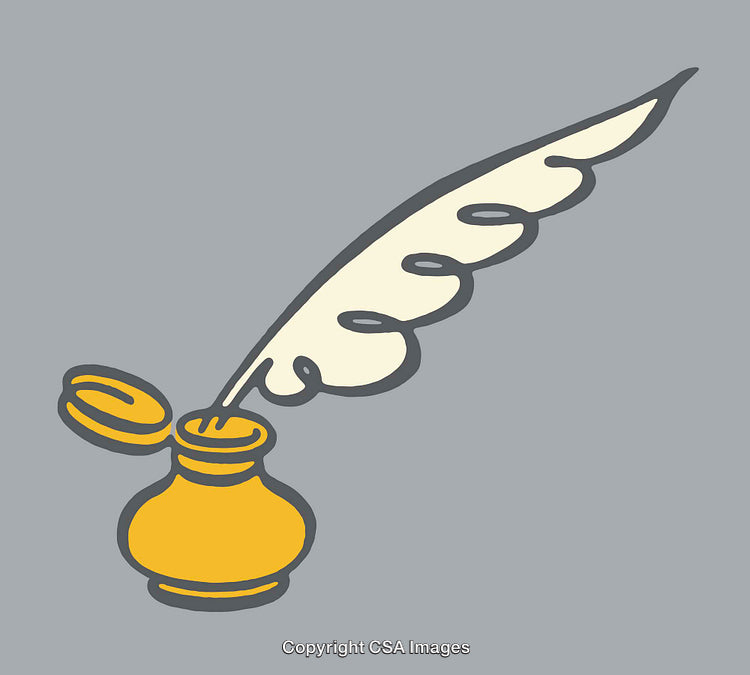 Line Art Illustration of Quill and Inkwell on a Grey Background