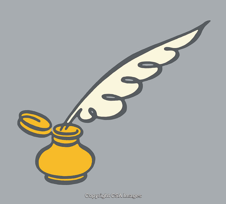 Line Art Illustration of Quill and Inkwell on a Grey Background