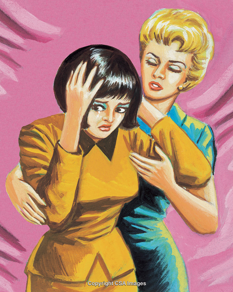 Retro Illustration of Two Women Sharing an Emotional Moment