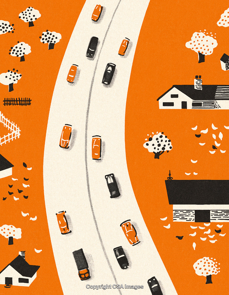 Illustrated Road Scene with Vehicles, Trees, and Houses on an Orange Background