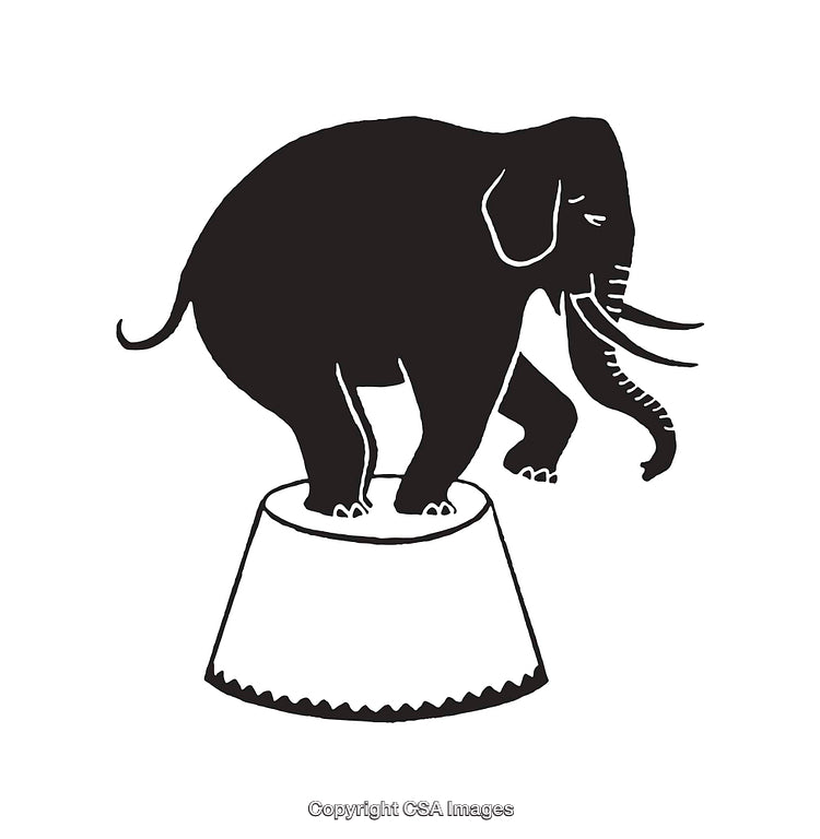 Black and White Line Art of Elephant Performing on a Pedestal