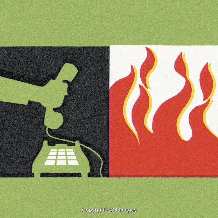 Emergency Call Concept Featuring Flames and Telephone Handset in Graphic Style