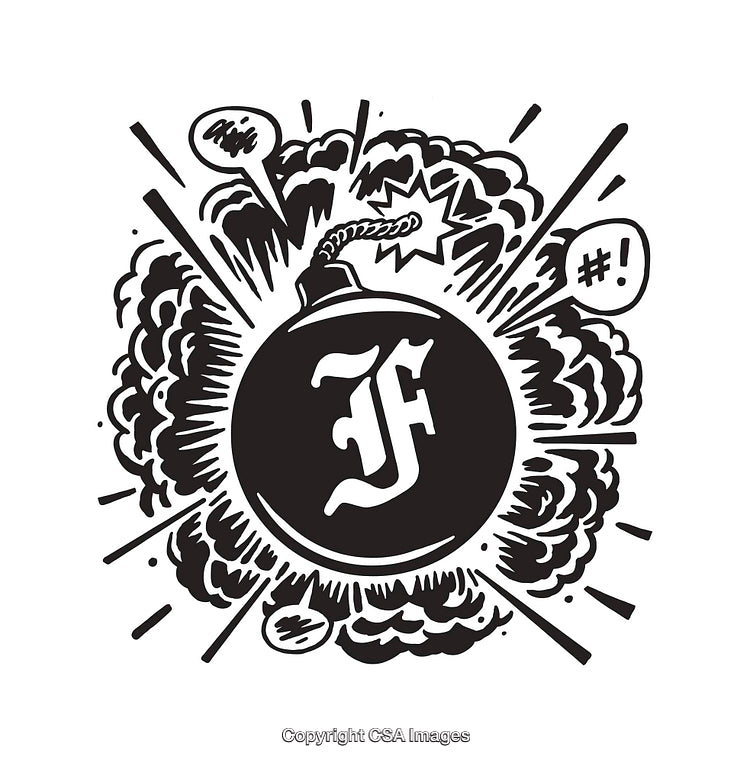 Black and White Illustration of a Bomb with Decorative Explosive Design