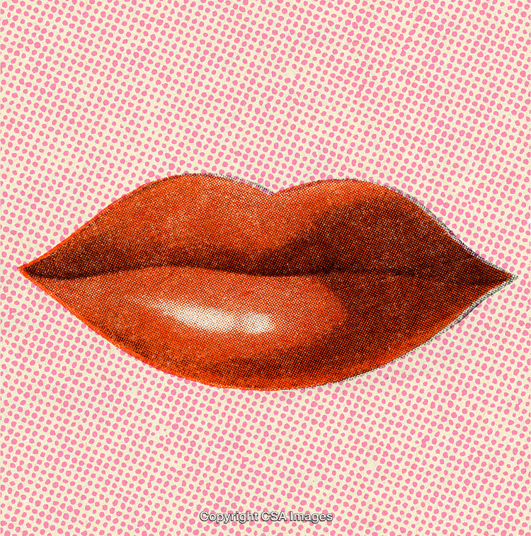 Pop Art Style Illustration of Red Lips on a Pink Polka Dot Background