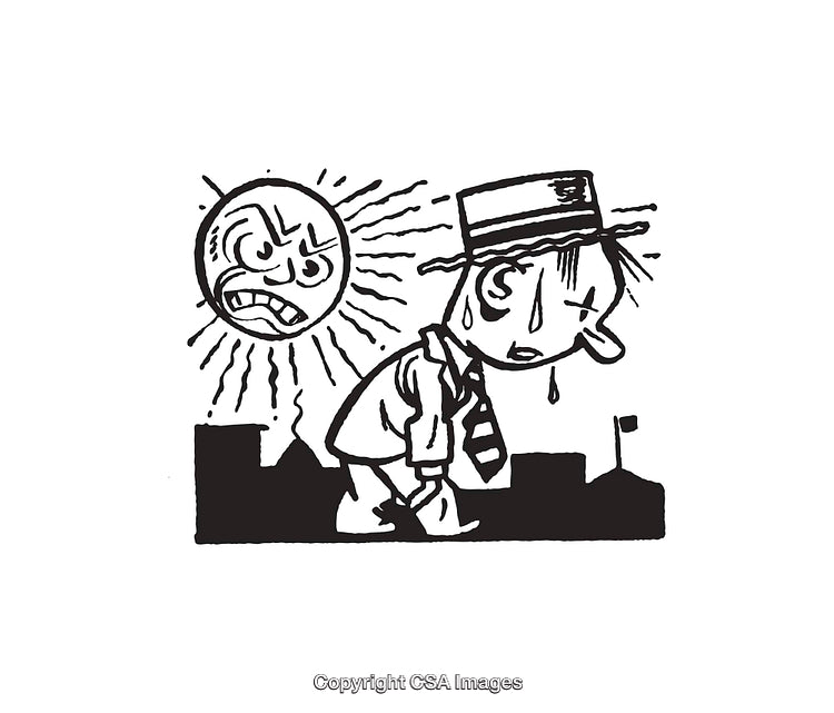 Black and White Comic Style Illustration of a Man Under a Hot Sun