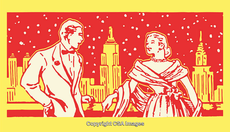 Stylized Illustration of a Cityscape with Elegantly Dressed Individuals in Conversation