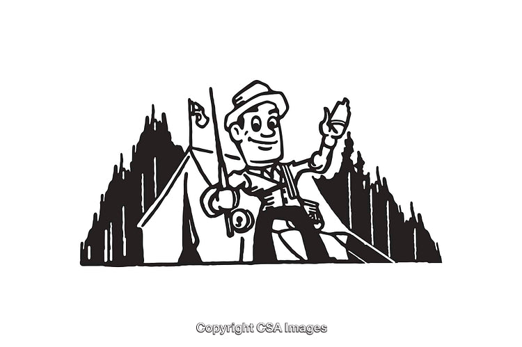 Black and White Line Art of Happy Fisherman at Campsite