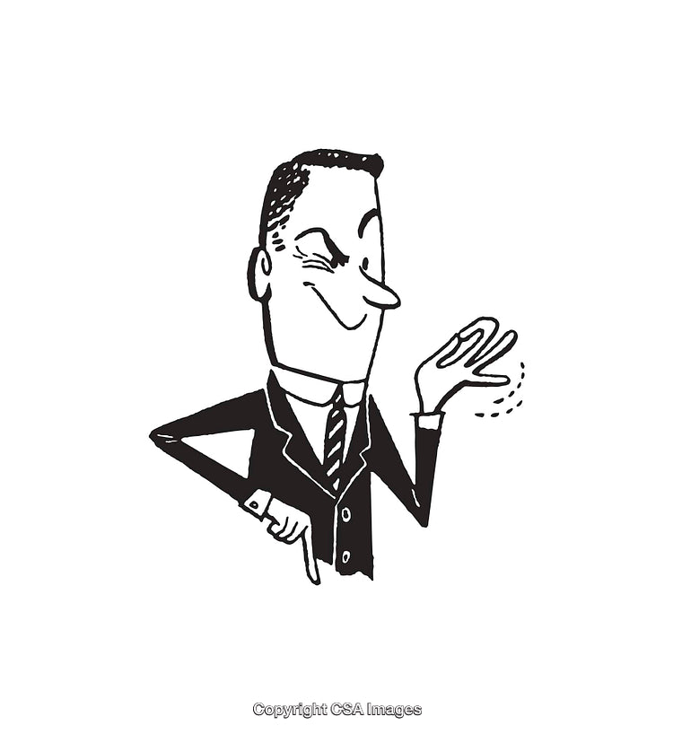 Cartoon Businessman Smiling and Gesturing Confidently in Black and White