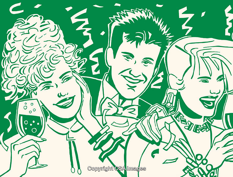 Vibrant Line Art Illustration of Friends Celebrating With Drinks and Joy
