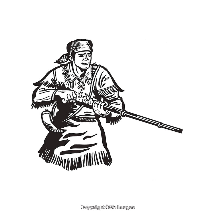 Black And White Line Art of a Pioneer Holding a Musket Rifle