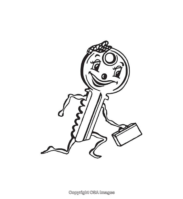 Whimsical Line Art of a Key Character Carrying a Suitcase