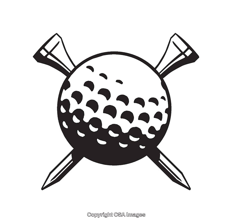 Black and White Illustration of Golf Ball with Tees Crossed Behind