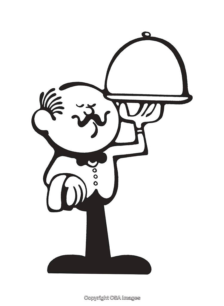 Black and White Line Art Illustration of a Waiter with Service Tray