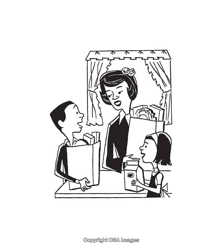 Family Engaged in Activities with Groceries in Retro Line Art Style