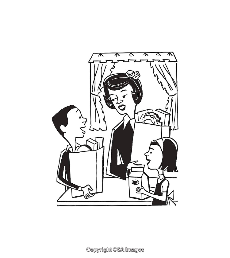 Family Engaged in Activities with Groceries in Retro Line Art Style
