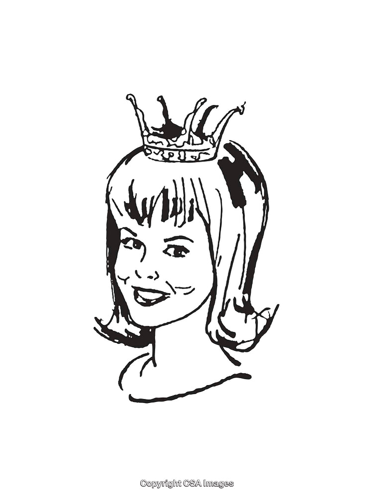 Black and White Line Art of a Smiling Girl Wearing a Crown