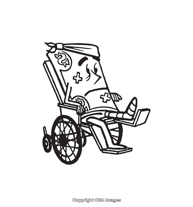 Black and White Line Art of Injured Character in Wheelchair